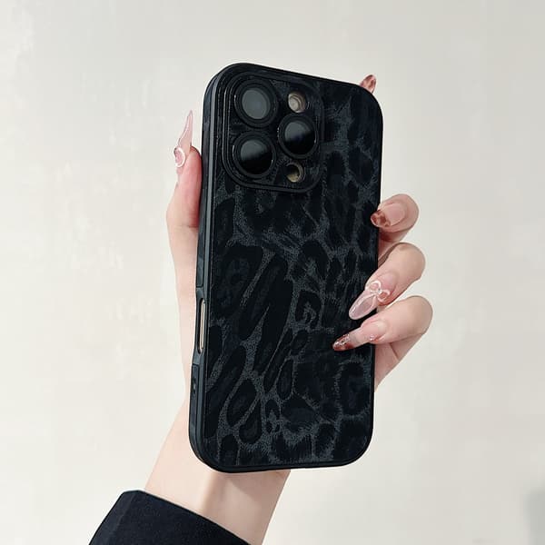 Fodral för iPhone 14ProMAX svart Leopardtryck läder linsskydd