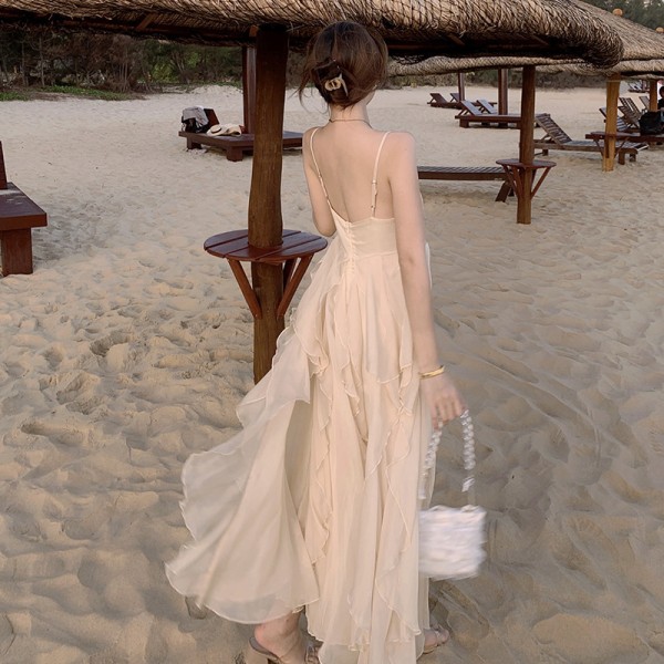 Chiffongklänning för damer Seaside Vacation Kjol Strap Beach Dress White M