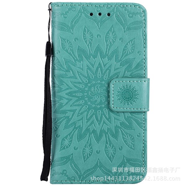 Etui til iPhone 15 Pro Max Mintgrøn Præget Solsikke 3D Præget Tegnebog med Kortholder Flip