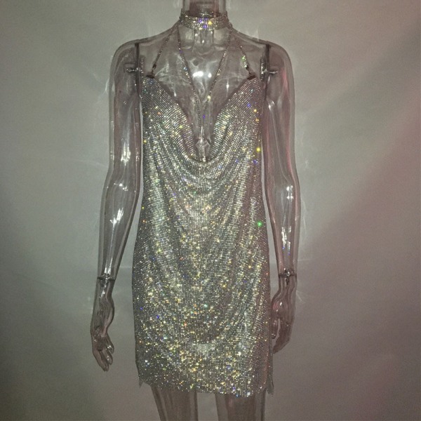 Klänning Sequined Metallic Suspender Dress Sexig nattklubbsklänning Silver Diamond style S