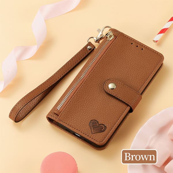 Etui til iPhone 13 Pro Max Brun + [snor i samme farve] lædertekstur Rem Pebbled Wallet med kortholder