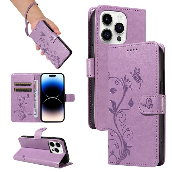 Kotelo iPhone 14 Prolle, violetti + nahkarannekoru, 3D-kohokuvioitu mantelipuun kukka -lompakko korttipidikkeellä