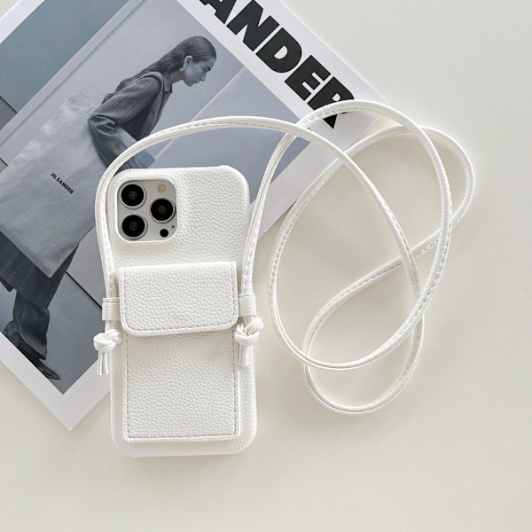 Fodral för iPhone 14pro Lychee mönster öra korthållare snodd vit Korthållare crossbody lädertextur