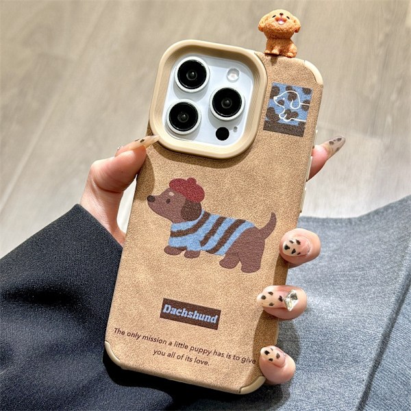 Kotelo iPhone 14 Pro Maxille, ruskea-siniraidallinen mäyräkoira + 3D-nallekoira, syksyinen ja talvinen nahkainen söpö koira, 3D-nukke, sarjakuva