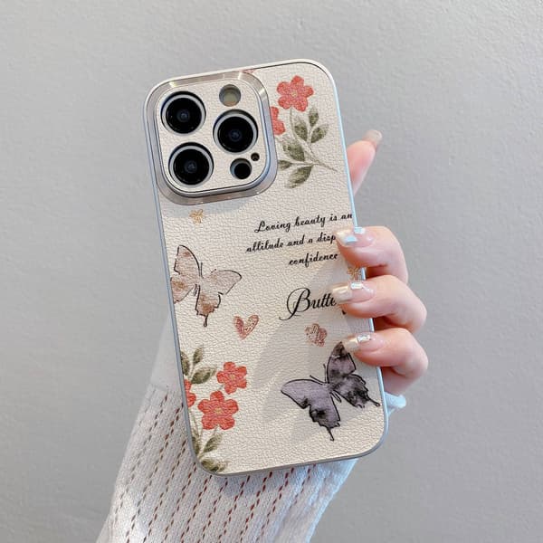 Etui til iPhone 13 Pro Max Sommerfugl Kærlighed Blomst - Lædertekstur Læder sommerfugl blomster relief