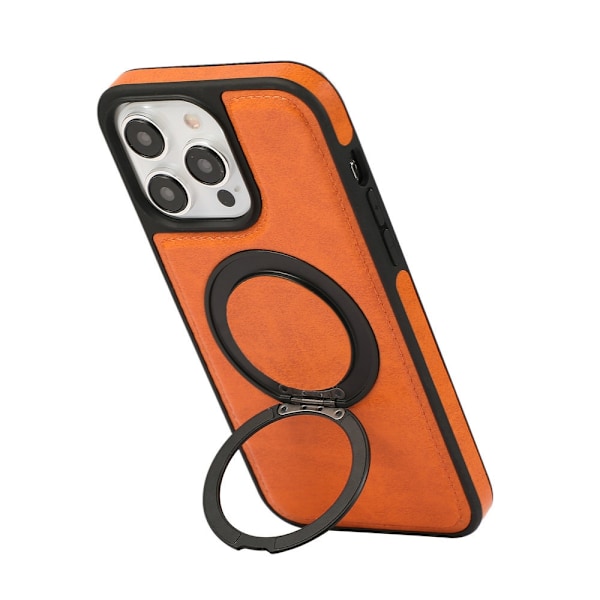Kotelo iPhone 15 Plus -puhelimelle, oranssi väri, sopii magneettiseen lataukseen, pyörivä jalusta, nahkaa, business-tyyli