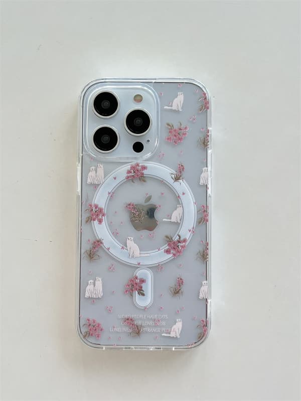 Etui til iPhone 15 Plus Magnetisk telefonetui Pink blomst kat magnetisk kortholder læder