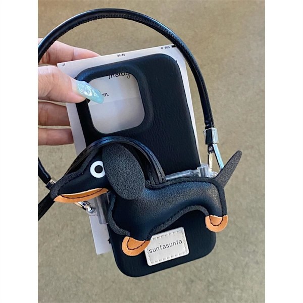 Etui til iPhone 14 Pro Max Sort base + sort gravhund hundebagside klips læder snor Sødt gravhund læder tekstureret bagside klips blød