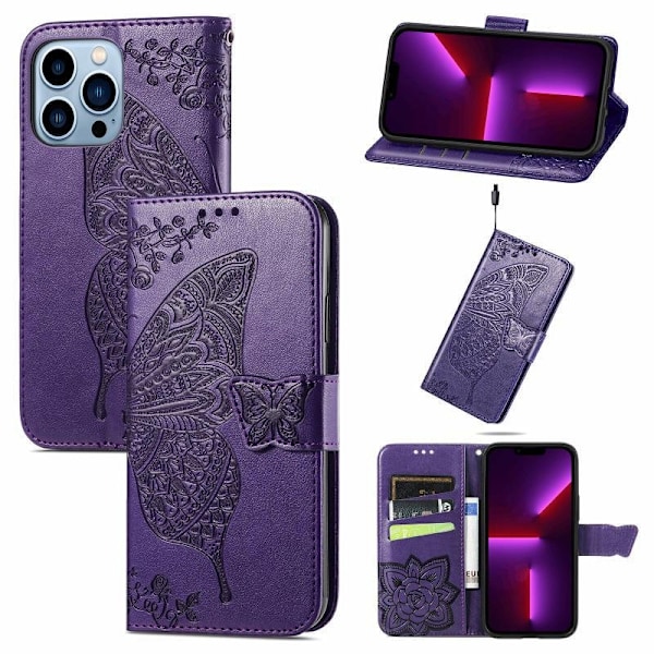 Etui til iPhone 13 Pro Max Mørkelilla Præget Sommerfugl Wallet med Kortholder Flip 3D Præget