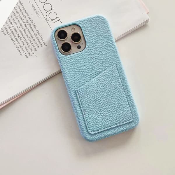 Etui til iPhone 14pro Lyseblå Pebbled Lommebok med Kortholder klassisk halv pakke