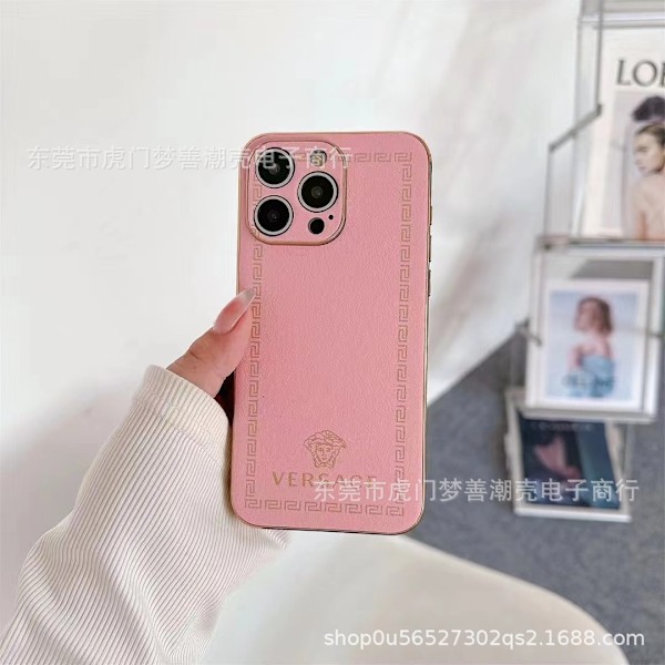 Fodral för iPhone 14plus rosa Elektropläterad lädertextur Helkroppsskydd