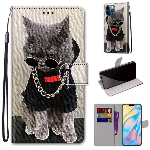 Etui til iPhone 14 Grå kat med guldkæde Malet tegnebog med kortholder Flip