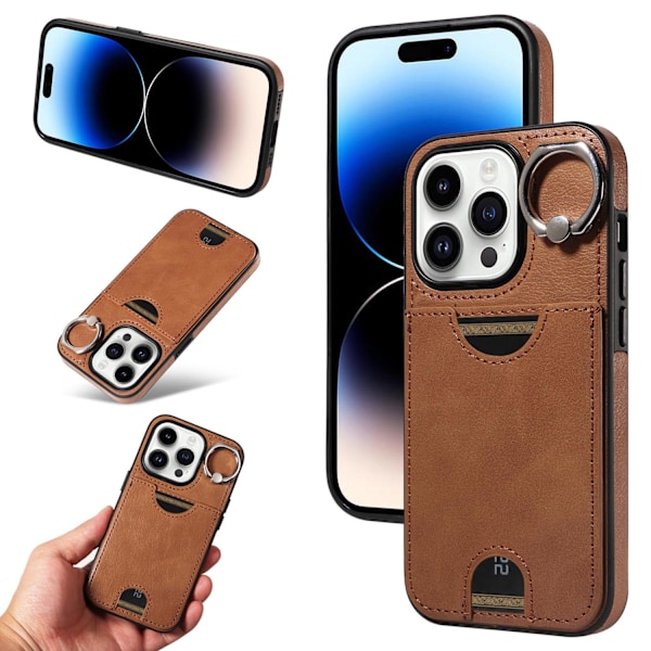Etui til iPhone 14 Plus 6.7 brun Kalveskinn Ring Spenne Lommebok med Kortholder stativ