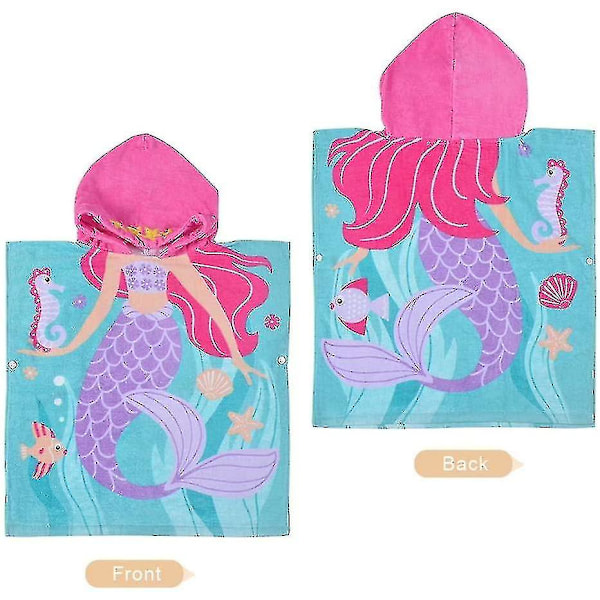 Flickor Barn Huvförsedd Sjöjungfru Badhandduk, 100% Bomull Snabbtorkande Absorberande Mjuk Strandhandduk, Blå Lila Rosa 58,4 x 61 cm