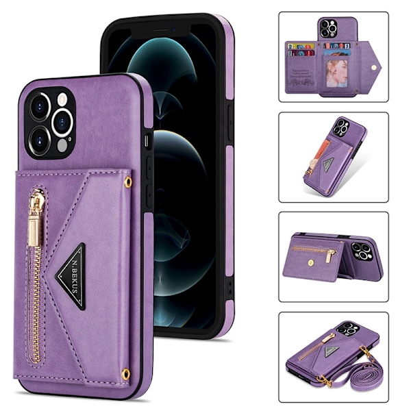 Kotelo iPhone 16 Prolle, violetti hihna, lompakko ja korttipidike