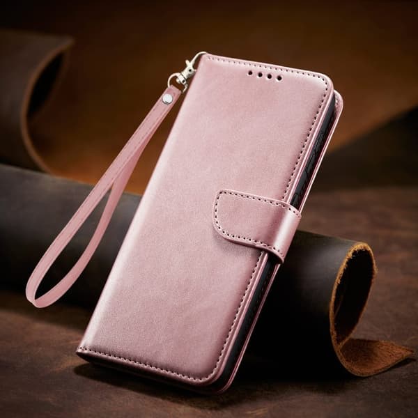 Fodral för iPhone 13mini Spänne med komönster [roséguld] + läderrem i samma stil Flip utåt