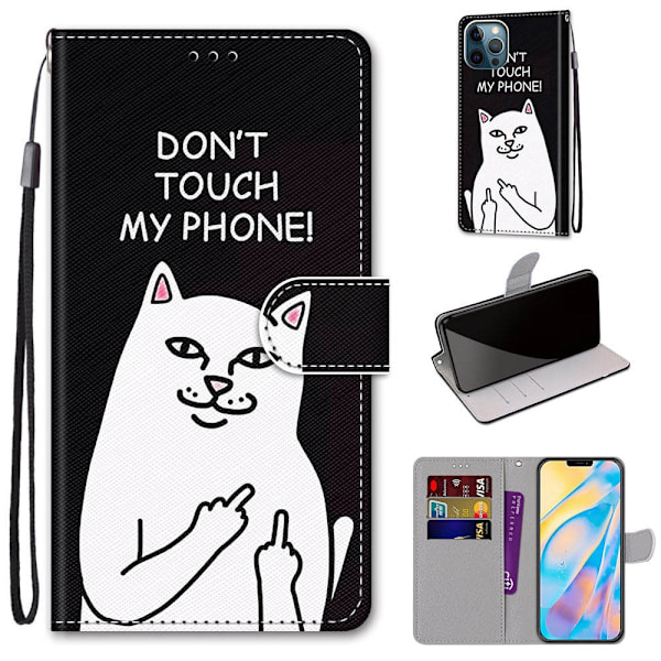 Fodral för iPhone 13 mini långfinger vit katt Målad Plånbok med Korthållare Flip