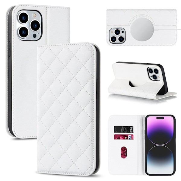 Kotelo iPhone 14 Pro Max -puhelimelle, valkoinen, langattomat laturit, magneettinen läppä