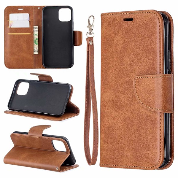 Etui til iPhone 15 Plus brun Ensfarget Lammeskinn Lommebok med Kortholder Flip