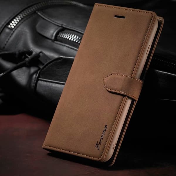 Etui til iPhone 14 Pro Max brun matt flip-lommebok med kortholder
