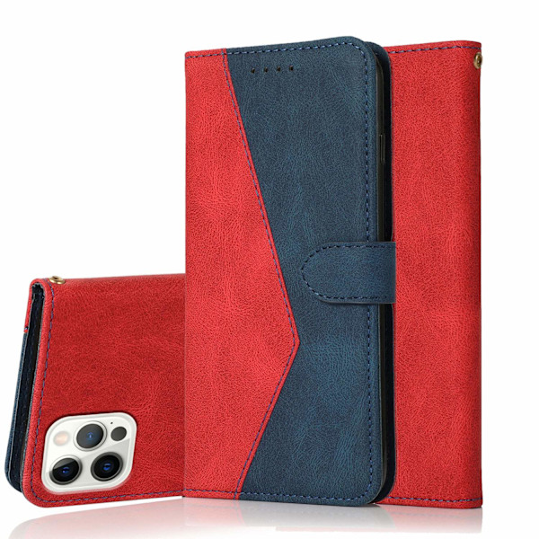 Fodral för iPhone 13mini Röd+Blå Blandade Material Flip Plånbok med Korthållare Kontrastfärg Plånbok med Korthållare