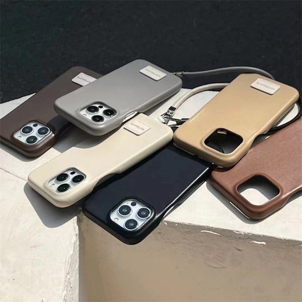 Etui til iPhone 14 Pro Beige + kort lædersnor Tekstureret læder Tekstureret Maillard