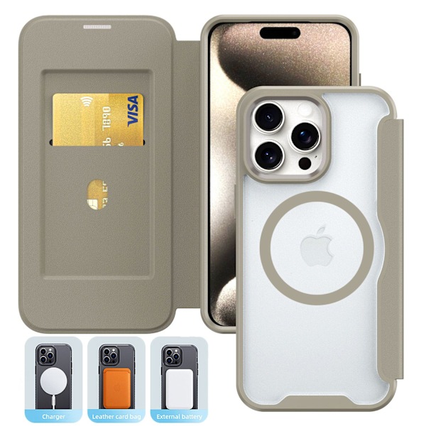 Fodral för iPhone 14Plus Khaki [Magnetisk Typ] Xunjia Magnetisk Flip Kort Hållare