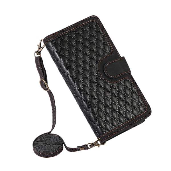 Etui til iPhone 15 Sort med snor diamant crossbody lynlås pung med kortholder flip