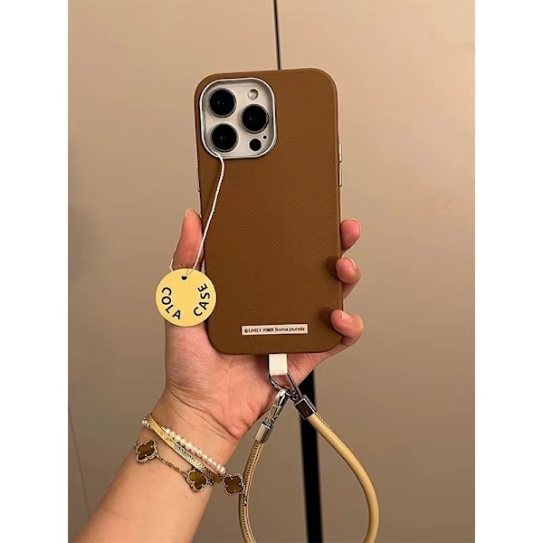 Etui til iPhone 15promax Karamel + Karamel Læder Kort Snor Efterår og vinter Maillard Almindelig lædertekstur Rem