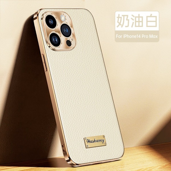 Kotelo iPhone 15 Pro Max 6,7 tuumalle 【Valkoinen◆Kultainen Lychee-kuvio◆】Linssin hieno reikä◆Galvanointiprosessi Aitoa nahkaa, ylellinen bisnestyyli