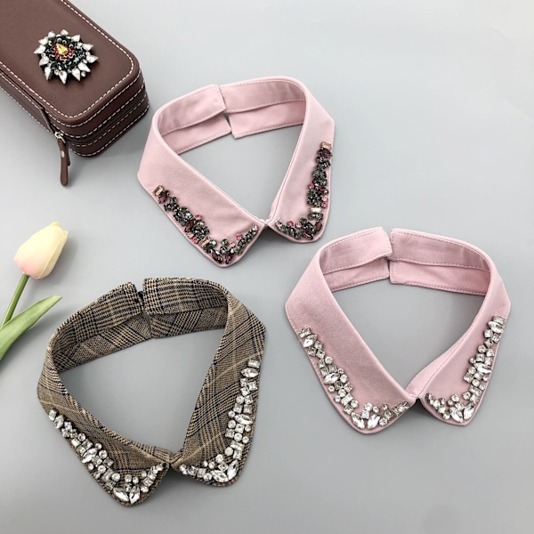 Dam falsk krage Rutig/Brun Hmade Rhinestone Ornament Smal Pink White Diamond