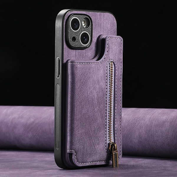 Kotelo iPhone 14 Pro Max -puhelimelle, violetti retro-läppäkorttipidike vetoketjullisella lompakolla ja korttipaikalla