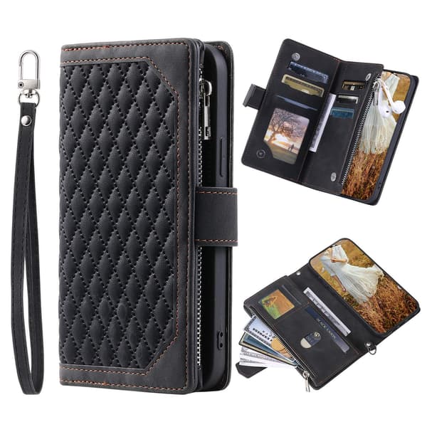 Etui til iPhone 16 Sort (med kort snor) indvendig lynlås Wallet med kortholder