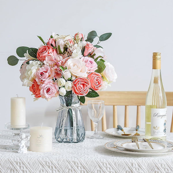 Kunstige roseblomster kombinasjonsbokssett inkluderer peoner, krysantemum, falske blomster, bulkblomsterblad med stilker Pink Set