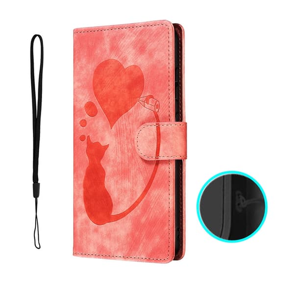 Etui til iPhone 15 Lys Orange-Præget Kat Hjerte Læder Etui Kat Hjerte 3D Præget Flip Wallet med Kortholder