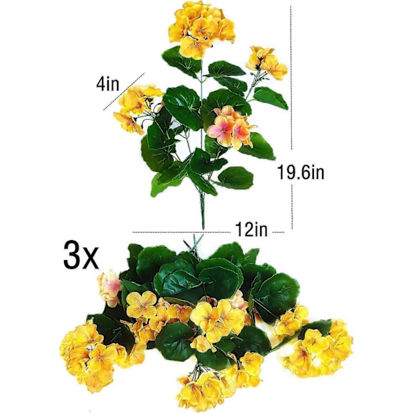 Pakke med 3 50 cm Kunstig Geranium Blomsterbusk Silkeplante Hjem Hængende Haveindretning UV-sikker Geranium flower Yellow 3