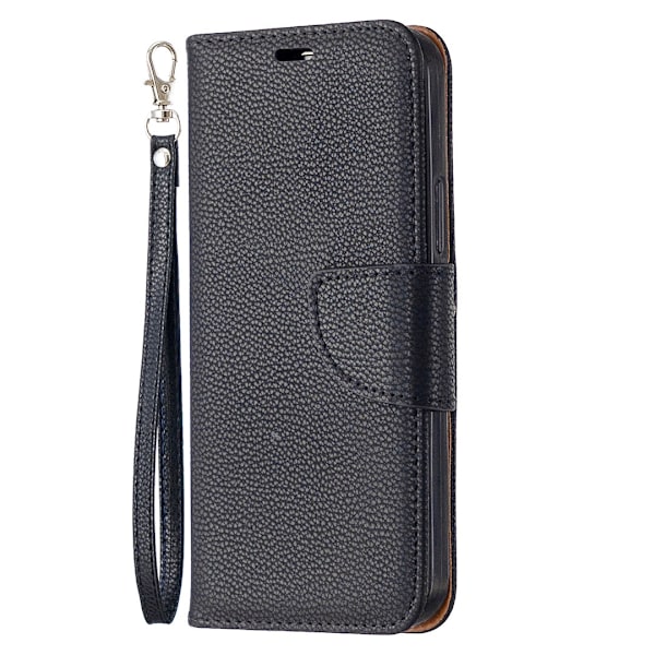Etui til iPhone 15 Pro, sort, Pebbled Plain Flip Wallet med kortholder og rem