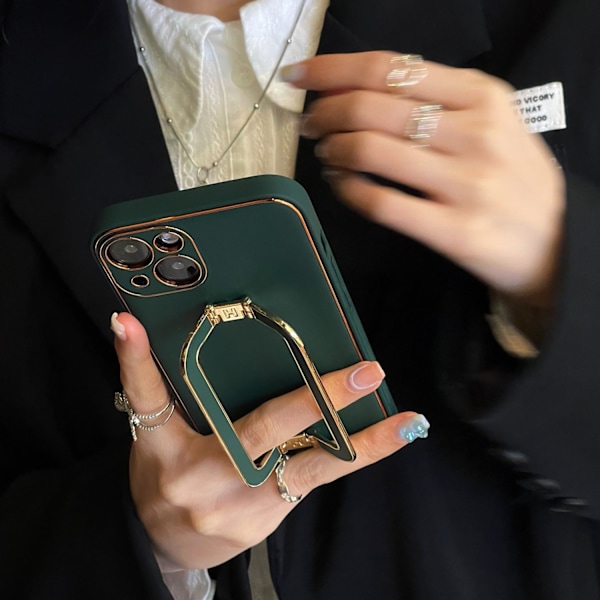 Etui til iPhone 15plus Mørkegrønn + dobbel spennbrakett [gratis installasjon] Teksturert dobbel spennestand lærtekstur