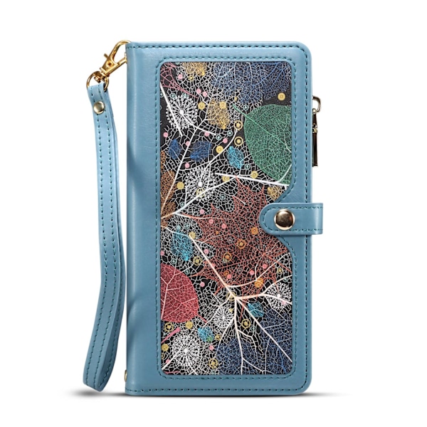 Fodral för iPhone 15 blå RFID-skyddande plånbok med korthållare, handrem, crossbody-dragkedja