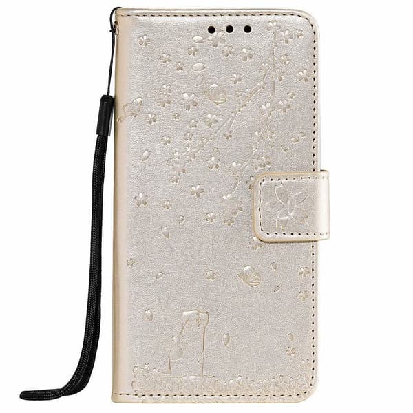 Fodral för iPhone 14 Plus guld Sakura Katt 3D Präglat Plånboksfodral med Korthållare