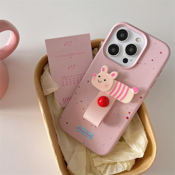 Etui til iPhone 13 Rosa blekk + grise-ring Søt 3D liten dyrefingerring spenne skinntekstur