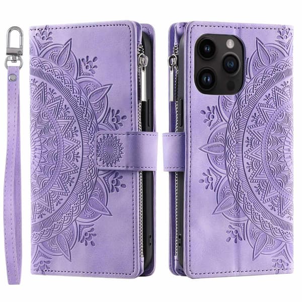 Etui til iPhone 14 Lilla Multi-kort glidelåspose Mandala 3D-preget lommebok med kortholder