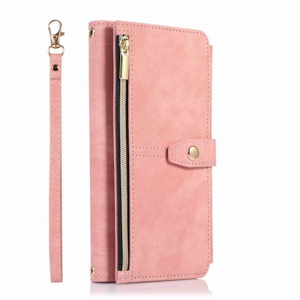 Etui til iPhone 15plus Rosaguld (+ kort snor) Ni-korts lynlåspung med kortholder