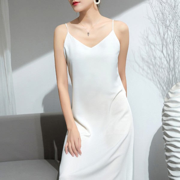 Acetate Satin V-ringad Inner Match Dress Lång rygglös hängselklänning för kvinnor White XXL