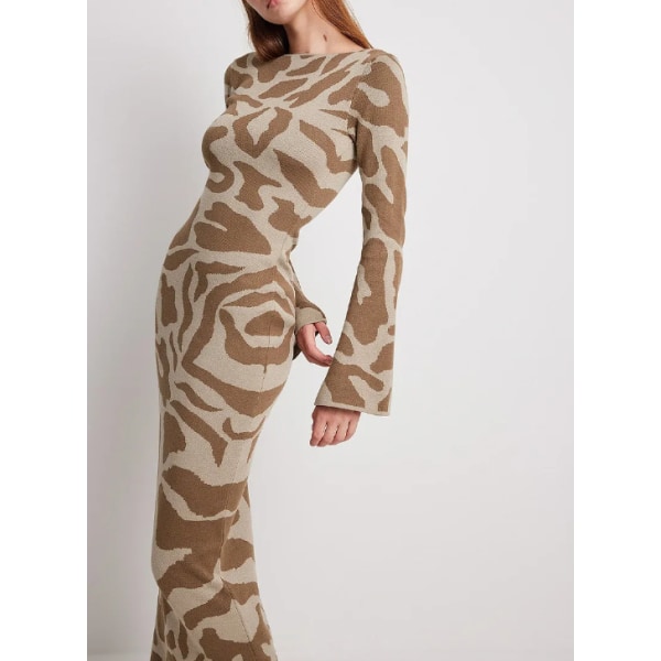 Slim-Fit printed klänning Färgmatchande off-neck klänning Brown pattern L