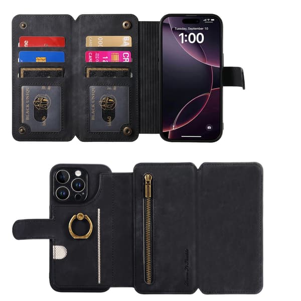 Etui til iPhone 13 Pro sort Ekstra Stor Tri-Fold Flip Business RFID-Blokerende Multi-Wallet med Kortholder