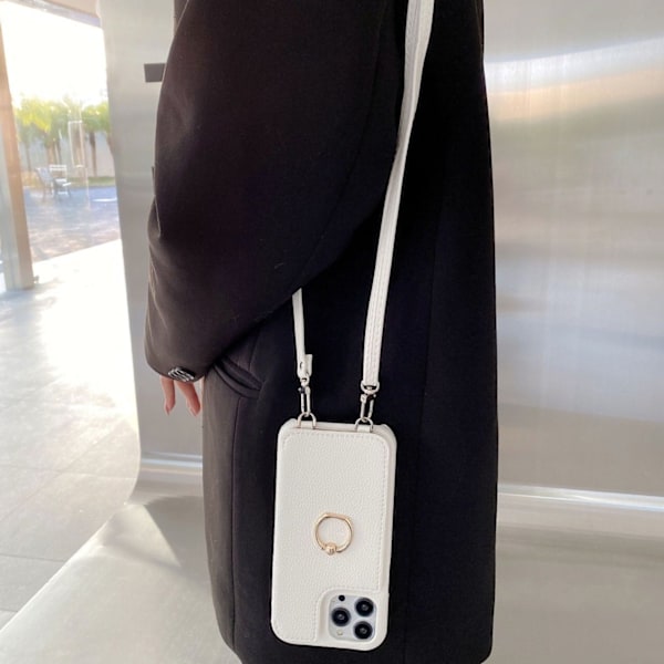 Kotelo iPhone 13 Prolle, valkoinen, kaksiosainen meikkipeili crossbody-kaulanauhalla, kivikuvioinen lompakko korttipidikkeellä, kauneuspeili crossbody-hihnalla