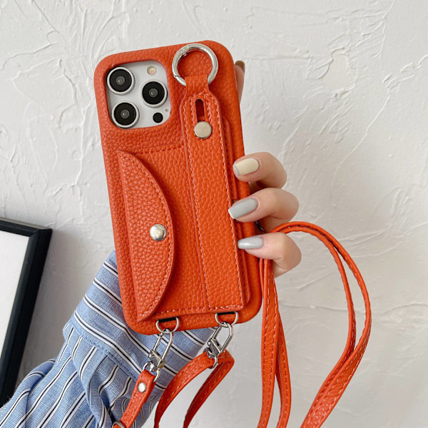 Fodral för iPhone 16pro max Korthållare Handledsrem Crossbody Orange Läder korthållare, handleds crossbody