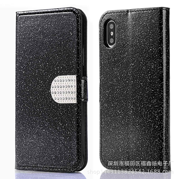 Etui til iPhone 13 Pro Max sort glitter diamantbesat pung med kortholder diamantbesat flip