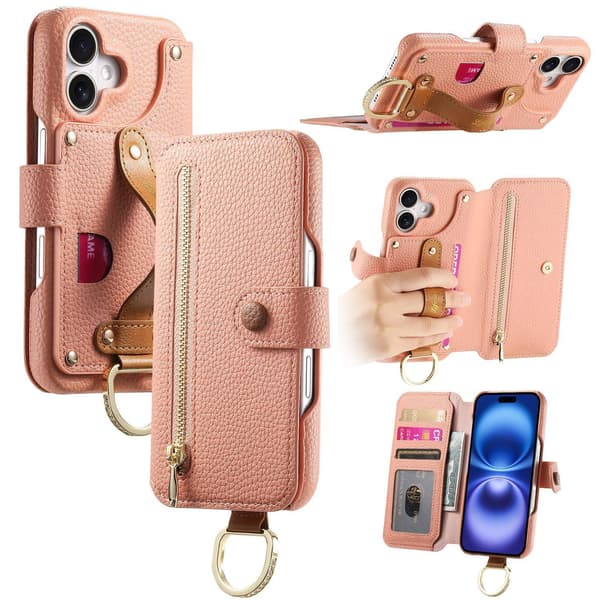 Etui til iPhone 16 Pro, rosa, pebble-teksturert flip-lommebok med kortholder